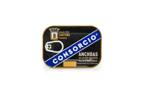 Cantabrian Anchovies fillets from Santona Spain. Tin, consorcio Oro gold series Ireland. Vera foods